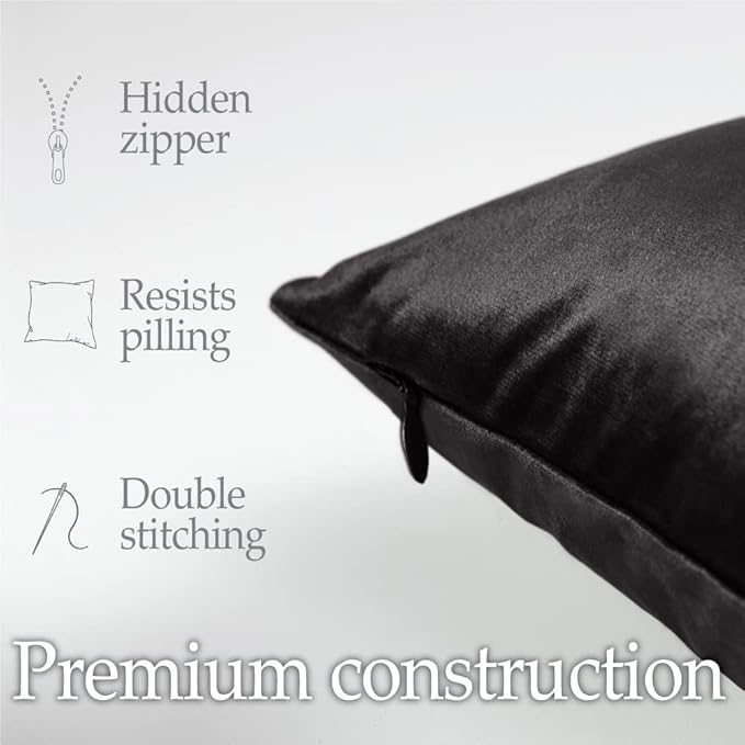 lalaLOOM Velvet Throw Pillow Covers, Set of 2, 18x18 Decorative Square Pillows Home Decor, Soft Accent Cases, Silky Machine Washable Pillowcases for Sofa, Couch, Bedroom, Living Room, Jet Black