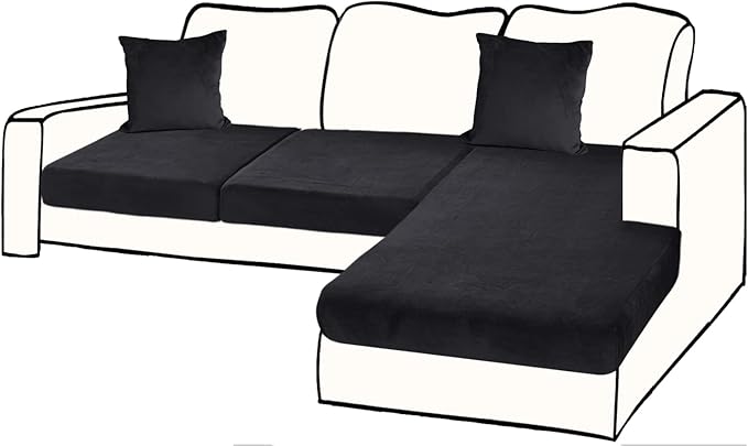 Sectional Couch Covers for 3-Piece Seat Cushion Velvet Separate L Shape Couch Cover Stretch Sofa Slipcover with 2 Pieces Pillowcases Furniture Protector (Sofa 2 Seater + 1 Chaise, Black)
