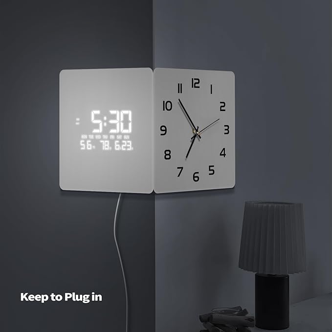 Electric Digital Corner Wall Clock Large Display Temperature 12/24H White Smart Clocks Silent Analog Battery Operated Square Modern Clock with Night Light for Living Room Kitchen Decor 12 Inch