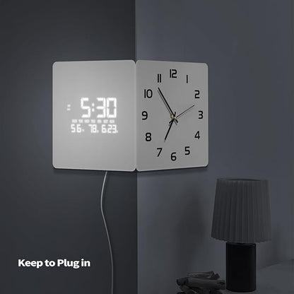 Electric Digital Corner Wall Clock Large Display Temperature 12/24H White Smart Clocks Silent Analog Battery Operated Square Modern Clock with Night Light for Living Room Kitchen Decor 12 Inch