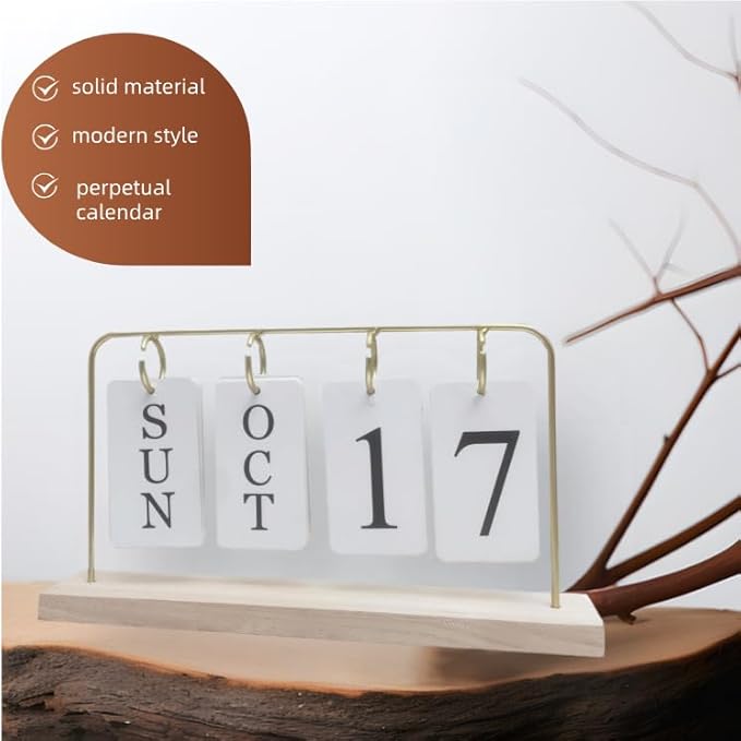 Wooden Perpetual Calendar for Desk, Metal Wood Month Date Display for Teachers, Students, Classroom, Rustic Farmhouse Office Decor, Desk Accessories (gold)