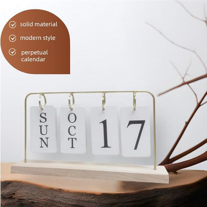 Wooden Perpetual Calendar for Desk, Metal Wood Month Date Display for Teachers, Students, Classroom, Rustic Farmhouse Office Decor, Desk Accessories (gold)