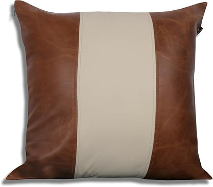 LL LEATHER LOVERS Lambskin Leather Pillow Cover - Sofa Cushion Case - Decorative Throw Covers for Living Room & Bedroom, 20x20 Inches - Tan & Off-White Pack of 1
