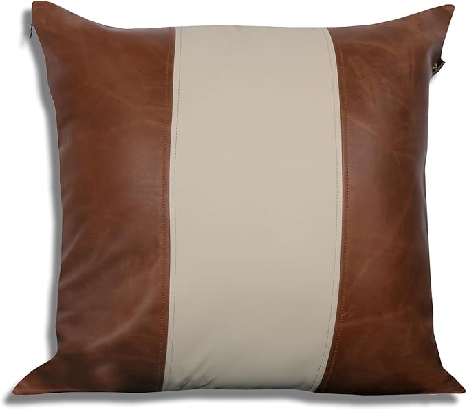 LL LEATHER LOVERS Lambskin Leather Pillow Cover - Sofa Cushion Case - Decorative Throw Covers for Living Room & Bedroom, 18x18 Inches - Tan & Off-White Pack of 1