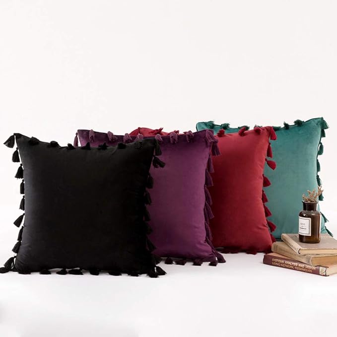 vctops Velvet Soft Solid Decorative Throw Pillow Cover with Tassels Boho Accent Cushion Case for Couch Bedroom Car Dark Purple 20''x20''