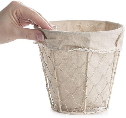Factory Direct Craft Round White Washed Chicken Wire Basket with Natural Linen Liner. for Cottage, Coastal or Farmhouse Decorating & Organizing