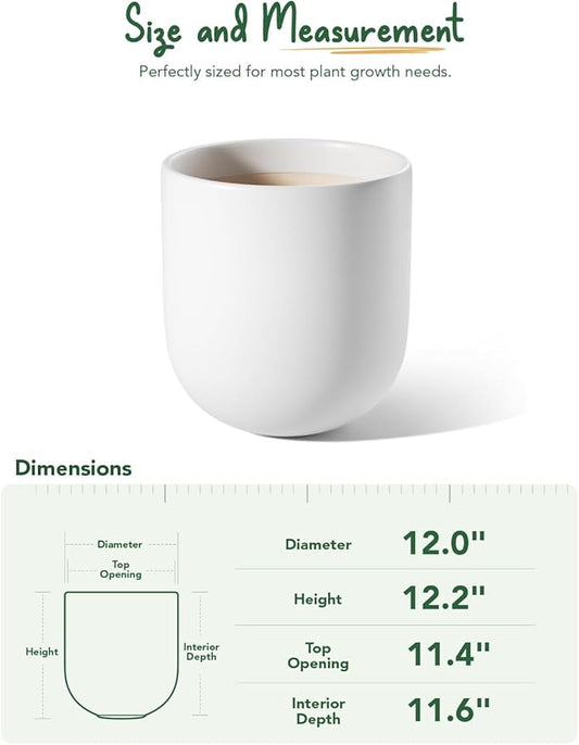 LE TAUCI 12 Inch Pots for Plants, Ceramic Large Planters for Indoor Plants, Indoor Plant Pots for Home Garden Patio Office, Planter Pots with Drainage Hole and Rubber Plug, White