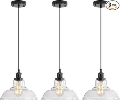 3 Packs Industrial Pendant Lights, Vintage Hanging Light Over Table, Clear Dome Glass Lampshade, Black Lamp Head and Base, Adjustable Hanging Height Lighting Fixtures