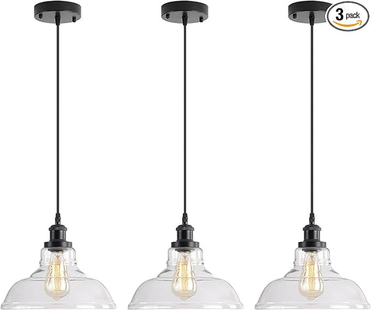 3 Packs Industrial Pendant Lights, Vintage Hanging Light Over Table, Clear Dome Glass Lampshade, Black Lamp Head and Base, Adjustable Hanging Height Lighting Fixtures