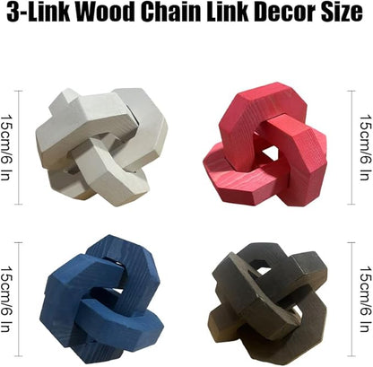 Wood Knot Chain Link Decor,6 in 3 Link Wood Knot Decor,Single or Double Links Hand Carved Decorative Links Knots Accents for Coffee Table,Bookshelf,Entryway Desk,Shelves (Single-Blue)
