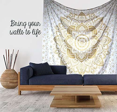 raajsee Metallic Gold Tapestry Mandala Wall Hangings, Indian Cotton Beach Throw Blanket, Hippie Tapestries Boho Decor,Twin Bedspread Yoga Meditation Mat Rugs 52 x 60 Inches