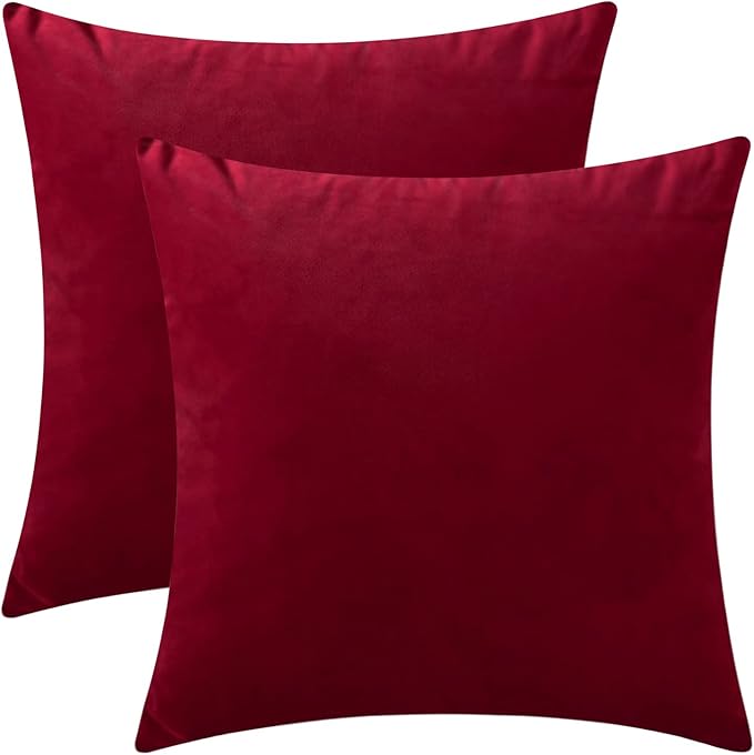 Set of 2 Comfortable Throw Pillow Covers for Bedding, Decorative Accent Cushion Sham Cases for Couch Sofa, Soft Solid Velvet with Zipper Hidden - 20"x20", Deep Red