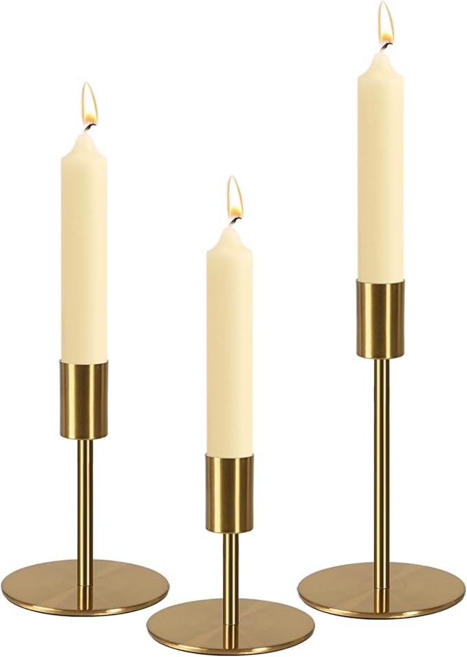 Brass Taper Candle Holders - Set of 3 Antique Brass Finish Candlestick Holder, Modern Rustic Metal Candlestick Holder for Wedding, Dining Table, Party Centerpiece