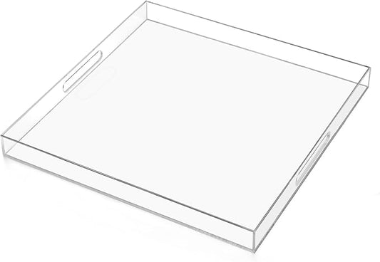 20×20 inches Oversized Clear Acrylic Ottoman Tray Extra Large Decorative Tray Spill-Proof Serving Trays with Handles King-Size Safe Edge Organizer for Coffee Table Countertop Breakfast