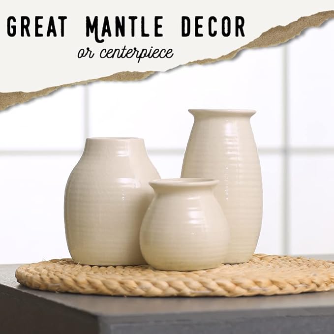 White Vases for Rustic Home Decor - Modern Farmhouse Ceramic Vase Set for Fireplace, Flowers, Living Room - Farmhouse Decorations for The Home, Set of 3