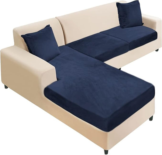 NAISI Sectional Couch Cover 3 Pieces Velvet Separate Couch Cushion Covers L Shape Soft Stretch Sofa Slipcovers with 2pcs Pillowcases for Left/Right Chaise Sectional Couch(2 Seater+1 Chaise,Navy)