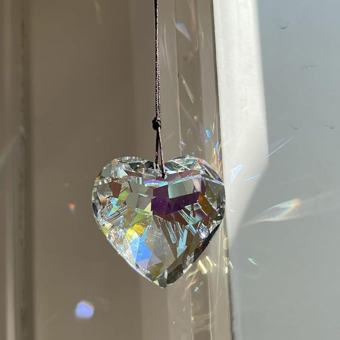 Colorful Heart Crystals Suncatcher Hanging Sun Catcher with Chain Pendant Ornament for Window Home Garden Christmas Day Party Wedding Decoration (White)