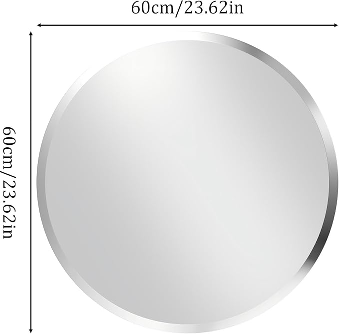 Frameless Round Wall Mirror: Decorative Mirrored Glass Vanity with Beveled Silver Edge for Bathroom Bedroom Livingroom Dining Room Entryway Hallway, 24 x 24 inch