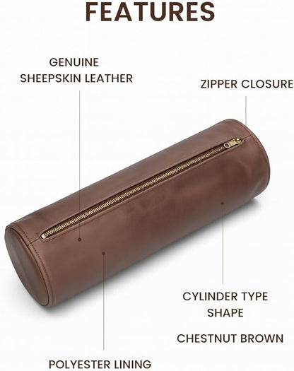 Leather Cylindrical Cushion Cover – 100% Lambskin Round Bolster Pillow Cover | Handmade Ergonomic Roll for Head, Neck & Back | Decorative Home & Sofa Accessory (18" x 6")