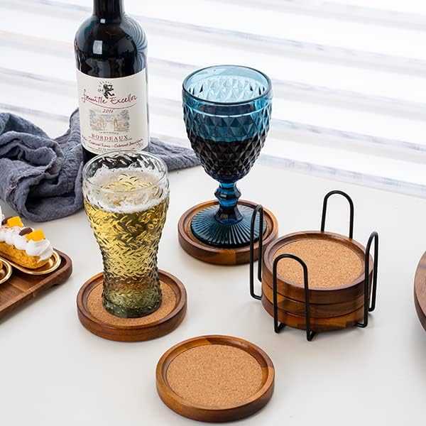 Acacia Wood Cork Coasters with Holder - Absorbent Rustic Cork Coasters for Coffee/Dining Tables & Desks - Set of 6, 4.13in Dark Brown