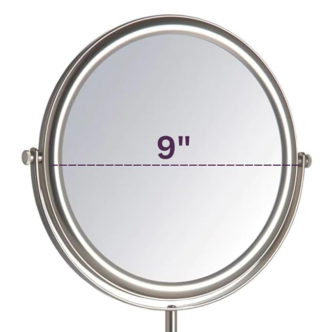 JERDON Two-Sided Tabletop Makeup Vanity Mirror - 5X-1X Magnification & Swivel Design - 9-Inch Diameter Mirror with Adjustable Height - Nickel Finish - Model JP4045N