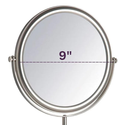 JERDON Two-Sided Tabletop Makeup Vanity Mirror - 5X-1X Magnification & Swivel Design - 9-Inch Diameter Mirror with Adjustable Height - Nickel Finish - Model JP4045N