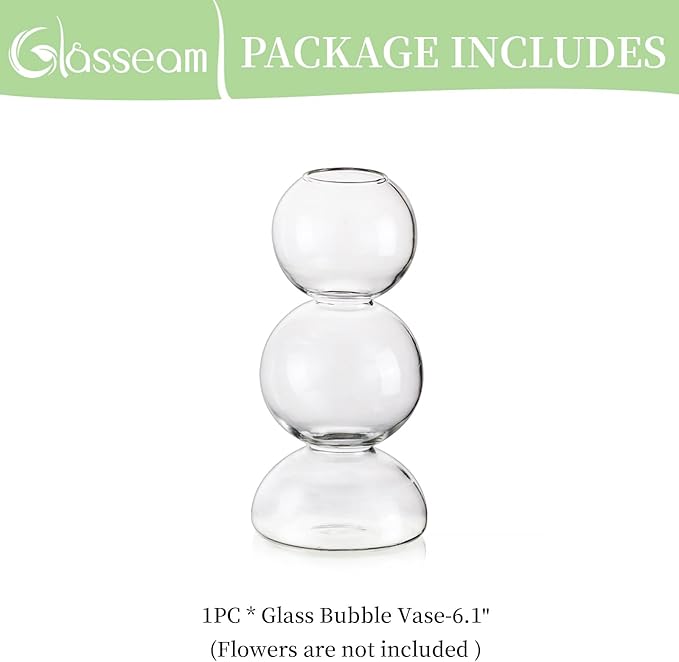 Glasseam Unique Small Flower Vase, Cute Blown Glass Vases for Flowers, Modern Ball Bubble Clear Bud Vases - Decorative Round Single Flower Vase for Home Decor