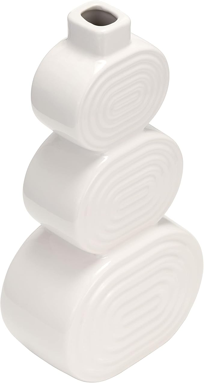 Decorative Flower Vase for Home Decor – Ceramic Modern Flower Vase with Stacked Design, Stylish Table Centerpiece for Living Room or Entry Display, Boho for Faux Flowers and Greenery – 10", White