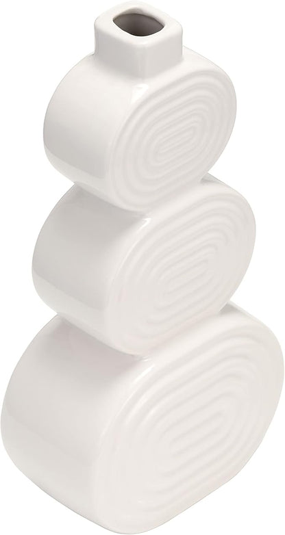 Decorative Flower Vase for Home Decor – Ceramic Modern Flower Vase with Stacked Design, Stylish Table Centerpiece for Living Room or Entry Display, Boho for Faux Flowers and Greenery – 10", White