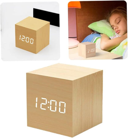 Digital Wooden Alarm Clock Bedrooms Clock with Temperature LED Display (No Battery) Wooden