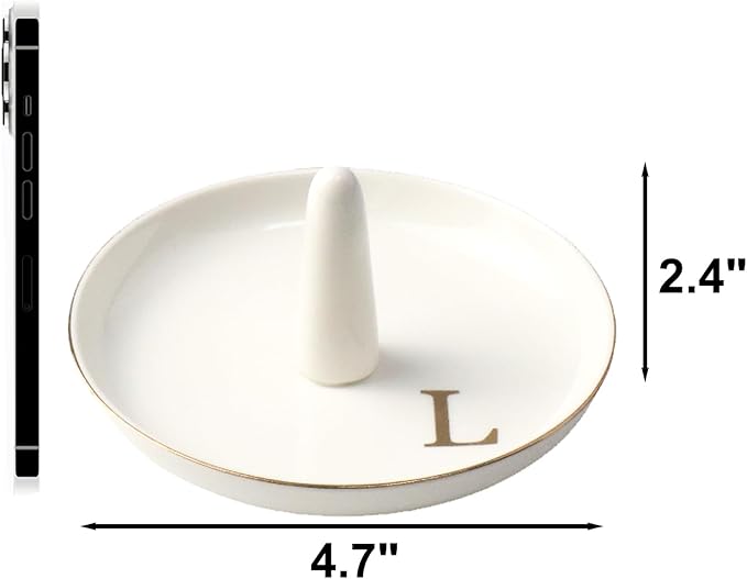 Ceramic Initials Jewelry Tray Ring Dish With Personalized L-Monogrammed Engagement Wedding Gifts, for Birthday Mother's Day for Women, Ceramic White 4.7" x2.4"