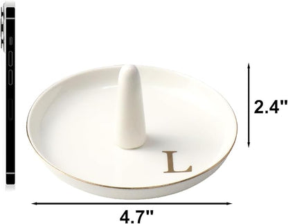 Ceramic Initials Jewelry Tray Ring Dish With Personalized L-Monogrammed Engagement Wedding Gifts, for Birthday Mother's Day for Women, Ceramic White 4.7" x2.4"