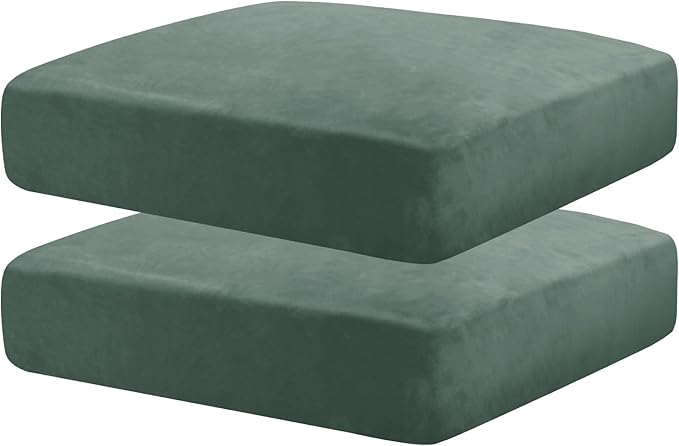 MAXIJIN Velvet Stretch Seat Cushion Covers Couch Cushion Cover for Individual Cushions Sofa Seat Cushion Slipcovers with Elastic Bottom (2 Piece Sofa Cushion Covers, Pea Green)