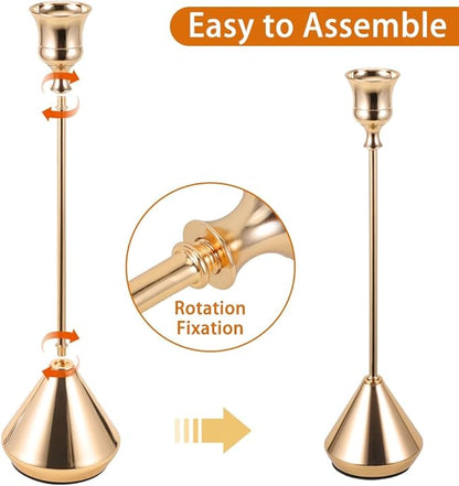 Elegant Vintage Champagne Gold Candlestick Holders, Set of 3 Taper Candle Holders with Weighted Base for Wedding, Dining Table, Holiday Decor