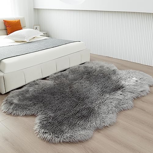 Fluffy Faux Fur Rug Grey Sheepskin Area Rug,4x6 Ft Ultra Soft Shaggy Plush Rug for Bedroom Bedside Living Room Nursery Kids Room