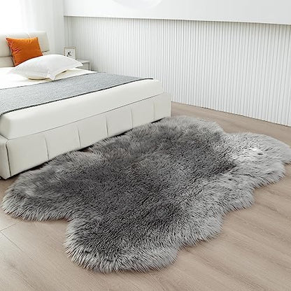 Fluffy Faux Fur Rug Grey Sheepskin Area Rug,4x6 Ft Ultra Soft Shaggy Plush Rug for Bedroom Bedside Living Room Nursery Kids Room