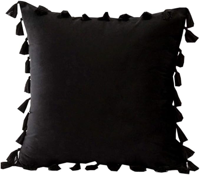 vctops Velvet Soft Solid Decorative Throw Pillow Cover with Tassels Boho Accent Cushion Case for Couch Bedroom Car Black 18''x18''