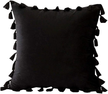 vctops Velvet Soft Solid Decorative Throw Pillow Cover with Tassels Boho Accent Cushion Case for Couch Bedroom Car Black 18''x18''
