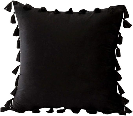 vctops Velvet Soft Solid Decorative Throw Pillow Cover with Tassels Boho Accent Cushion Case for Couch Bedroom Car Black 18''x18''