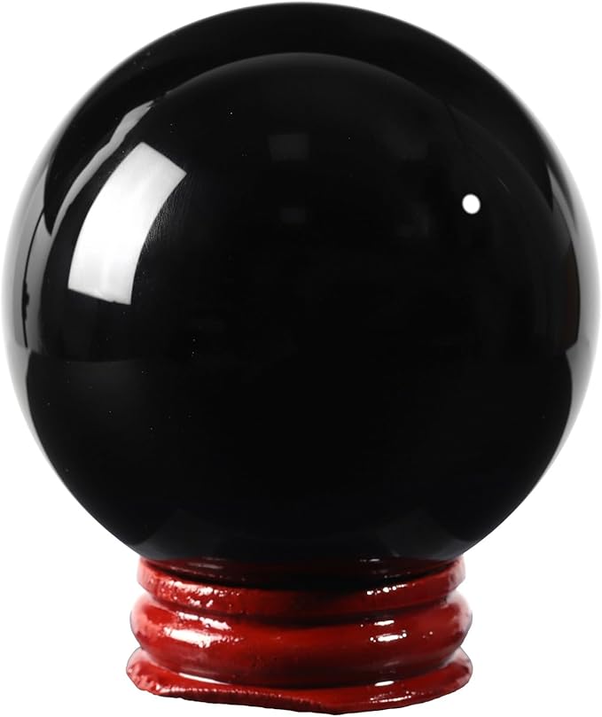 Sportmusies Natural Black Obsidian Stone Sphere with Wooden Stand, Polished Crystal Ball Decoration for Home & Office