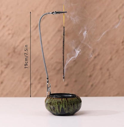 Incense Burner with Calabash Incense Stick Holder - Porcelain Charcoal Censer for Use with Resin Granular Powder Cone or Coil Incense (Kiln-Colored Green)
