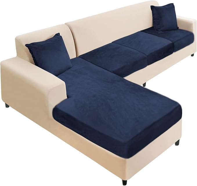 NAISI Sectional Couch Cover 4 Pieces Velvet Separate Couch Cushion Covers L Shape Soft Stretch Sofa Slipcovers with 2pcs Pillowcases for Left/Right Chaise Sectional Couch(3 Seater+1 Chaise,Navy)