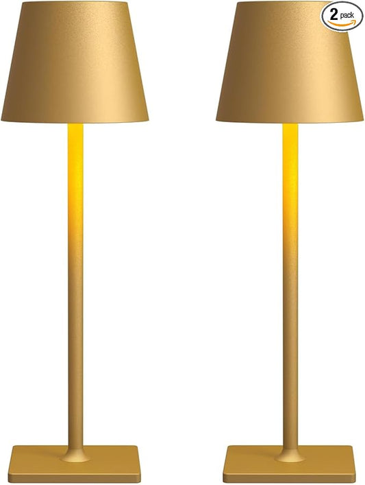 2 Pack Rechargeable Table Lamps, Gold Cordless Lamps - Battery Operated Touch Lamp, Outdoor Table Lights, Waterproof, Wireless, Portable Desk Lamp for Restaurant, Bedroom, Patio(Gold)