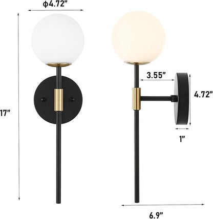 Industrial Mid Century Wall Sconce Set of 2 with White Globe Glass Shades Modern Bathroom Vanity Wall Lamp Black and Gold Finished Wall Light Fixture