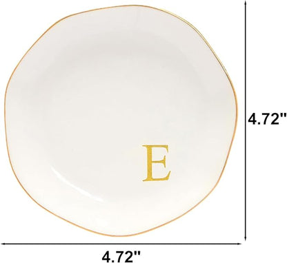 Ceramic Jewelry Tray Initial Ring Dish Personalized E-Monogrammed Engagement Wedding Gifts, for Birthday Mother's Day Christmas for Women, Ceramic White 4.75" (E)