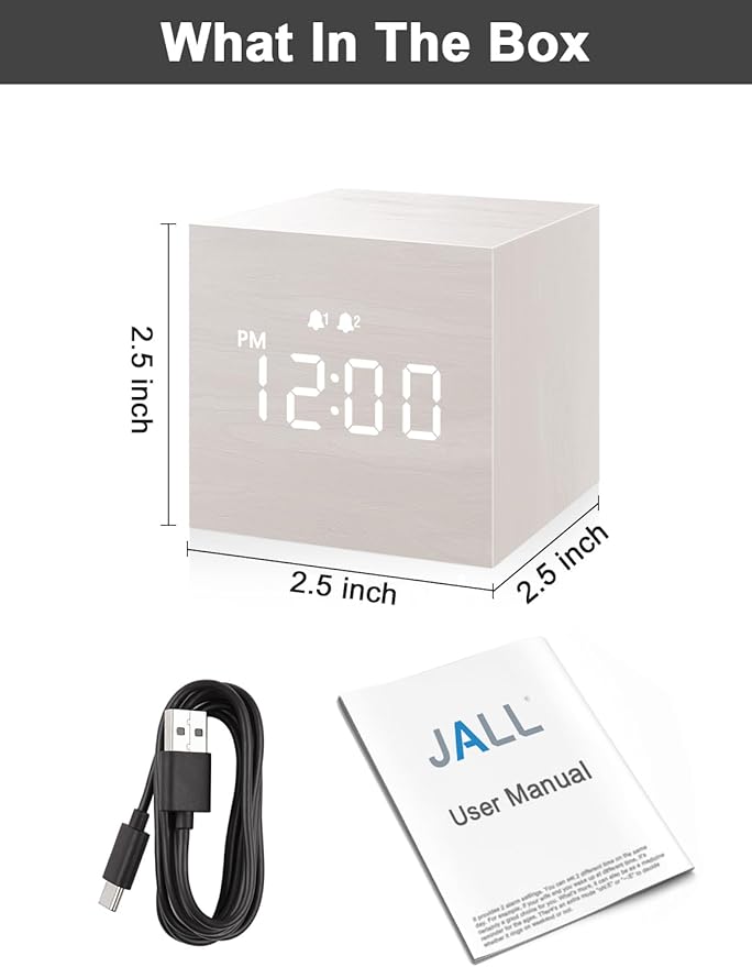 Digital Alarm Clock, with Wooden Electronic LED Time Display, 3 Alarm, 2.5-inch Cubic Small Mini Wood Made Electric Clocks for Bedroom, Bedside, Desk, White