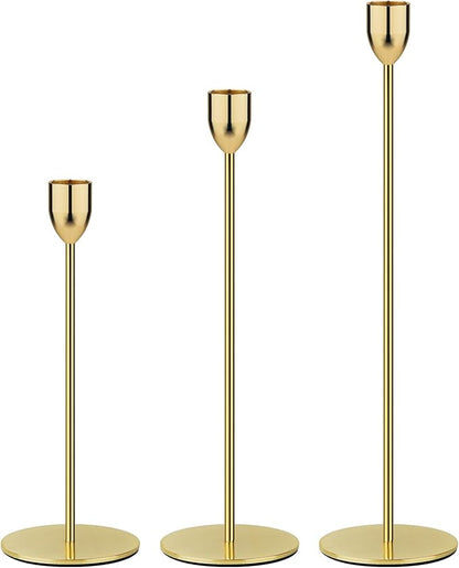 Ohtomber Metal Gold Candle Holder - 3PCS Candlestick Holders, Candlesticks Centerpiece Wedding Table Decor, Fit Pillar 3/4" Thick Tapered & Led Candles