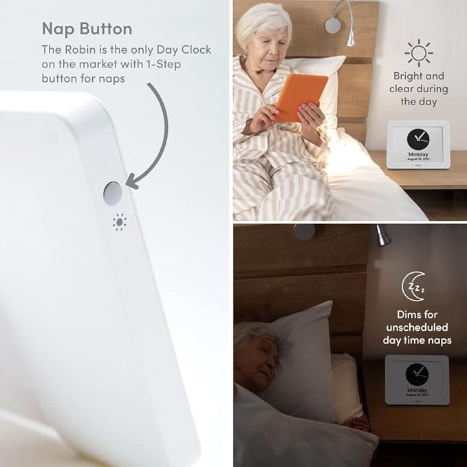Robin Clock 2025 with Day and Date for Elderly, Clocks for Seniors, Dementia Clock, Digital Calendar Elderly, Bedside Clocks Seniors, Alzheimers Products, Dementia Clocks Extra Large, White