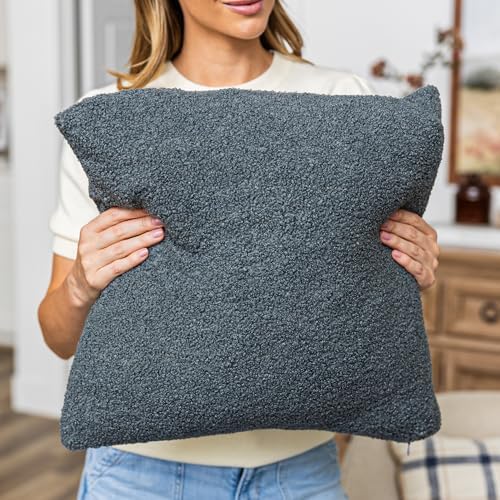 SAMIAH LUXE Grey Teddy Boucle Pillow Covers 18x18 2pcs for Home Living Room Decor, Sherpa Textured Decorative Throw Pillow Covers for Boho Decor, Square Throw Cushion Euro Shams for Modern Farmhouse