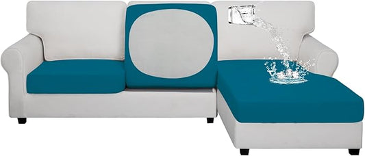 Easy-Going 100% Waterproof 3 Pieces Couch Cushion Covers for Sectional Sofa Left/Right L Shape Chaise Lounge Sofa Seat slipcover Anti-Slip Sofa Cover (2 Seater + 1 Chaise, Peacock Blue
